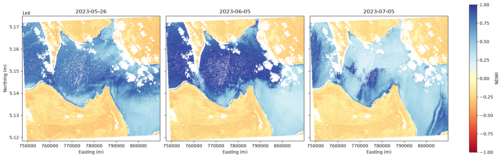 NDWI maps of the Aral Lake study area on 26 May, 5 June and 5 July 2023, with a common valid-data mask and colour scale.