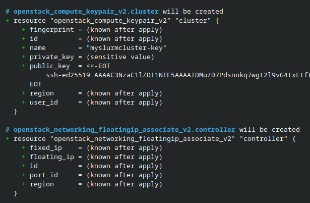 Terraform plan showing the cluster SSH key pair and controller floating IP association.