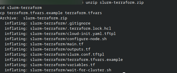 Terminal output listing the files extracted from slurm-terraform.zip.
