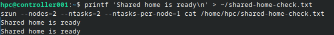 Both workers print Shared home is ready after reading the file from the shared home directory.