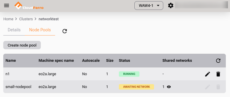 Node pool awaiting network